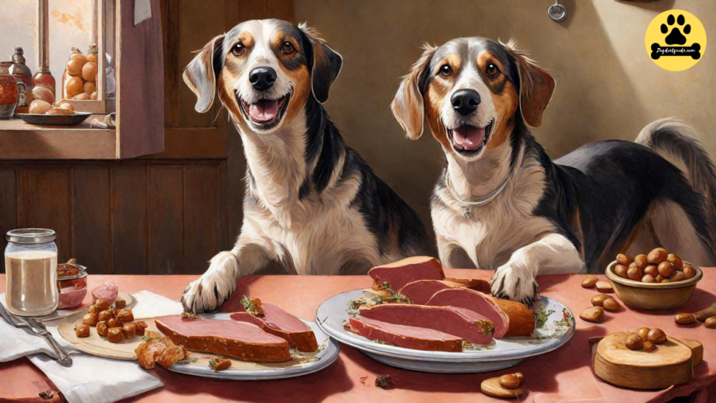 dogs eating Braunschweiger