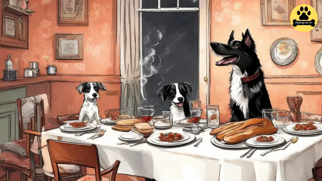 dogs with hot steaming food on the table